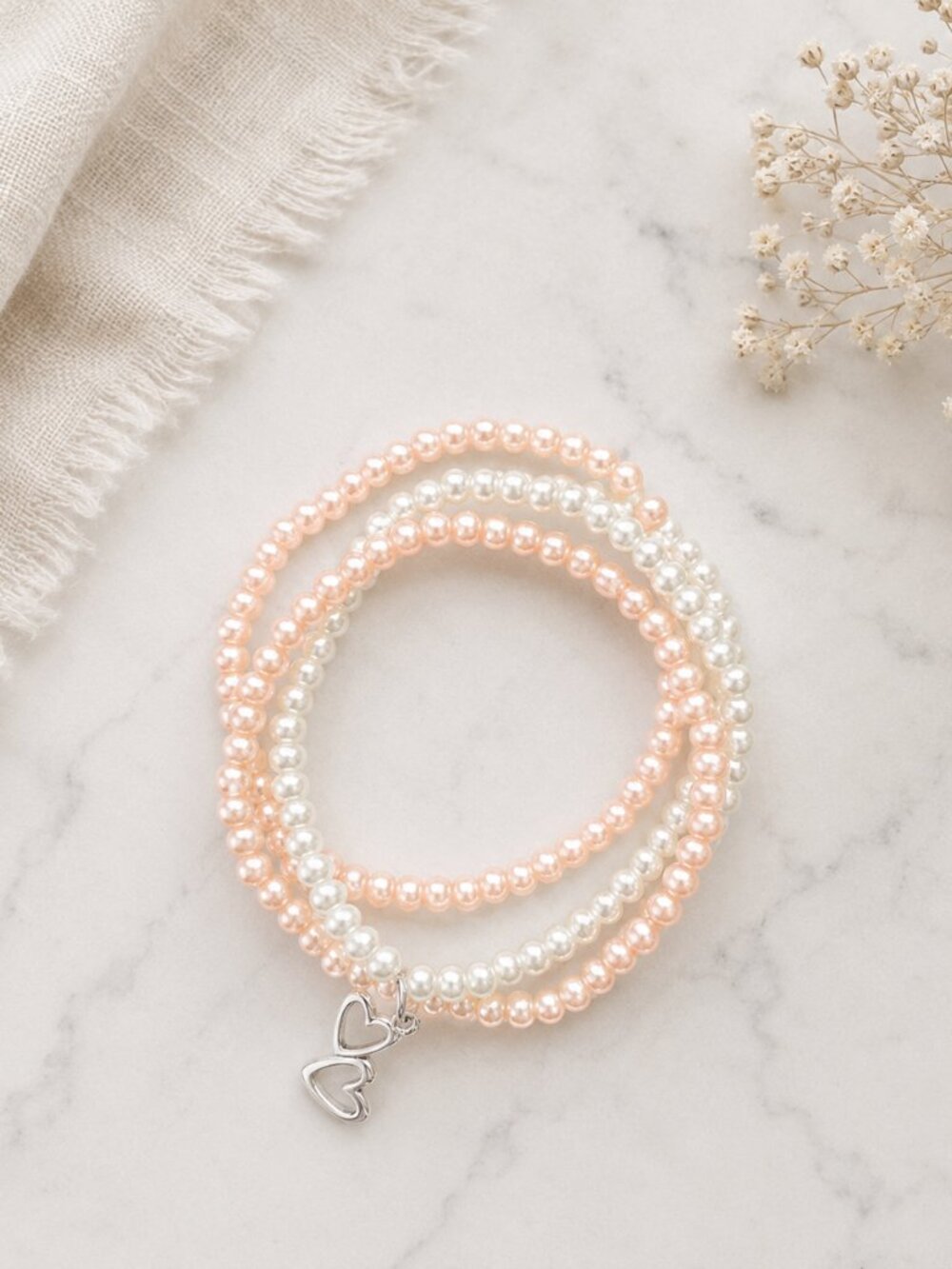 Side By Side Bracelet Set | Pearl Bead Double Heart | Friendship & Loyalty